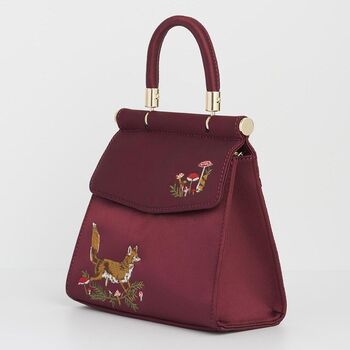 Fox And Mushroom Embroidered Burgundy Satin Tote, 3 of 7