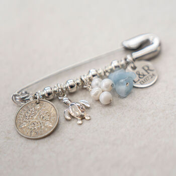 Beach Theme Wedding Bridal Charm Gift | Something Old, New, Borrowed, Blue | Aquamarine Stones | Engraved Wedding Gift For Bride To Be, 7 of 9