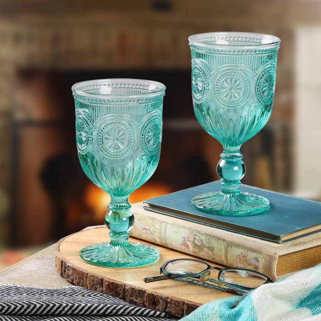 Set Of Four Turquoise Embossed Wine Glasses By Dibor