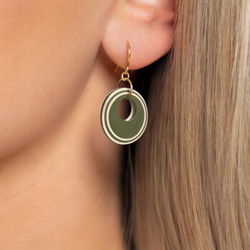 Khaki And Cream Circular Earrings • Gold Plated Sterling Silver Hooks, 2 of 9