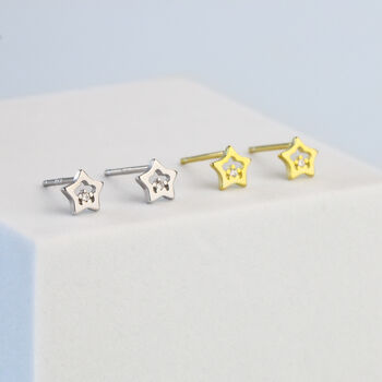 Sterling Silver Tiny Crystal Detail Star Earrings, 3 of 6