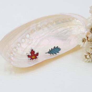 Sterling Silver Mismatched Enamel Maple Leaf And Oak Leaf Stud Earrings, 5 of 12