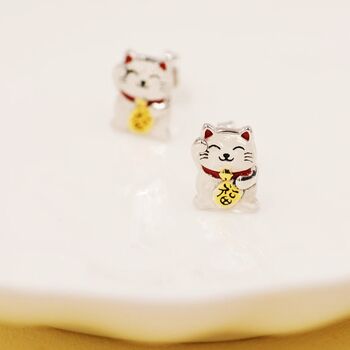 Sterling Silver Japanese Maneki Neko Cat Stud Earrings, 4 of 11