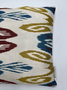 Square Ikat Silk Cushion Abstract Multi Coloured Yellow, Blue, Burgundy, 4 of 9