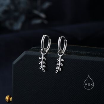 Delicate Leaf Charm Huggie Hoop Earrings, 4 of 10