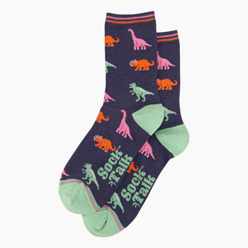 Women's Bamboo Socks Navy Multicoloured Dinosaurs, 2 of 5