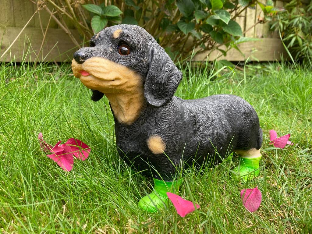 Dachshund Garden Ornament With Green Boots Sausage Dog, 1 of 9