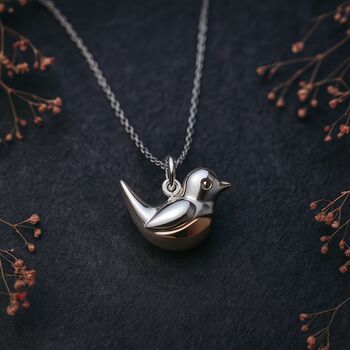 Personalised Tiny Sterling Silver And Rose Gold Robin Necklace, 2 of 9