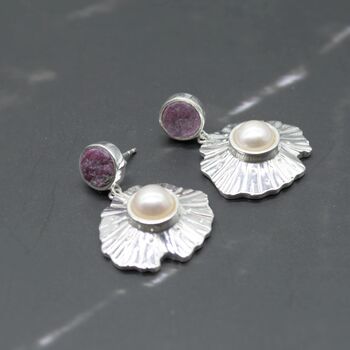 Raw Red Ruby, Pearl Sterling Silver Earrings, 2 of 7