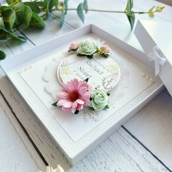 Handmade Wedding Card With 3D Flowers In Shades Of Pink And Green, 6 of 8