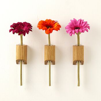 Solid Oak Wall Mounted Stem Vase – Single, Pair Or Trio, 2 of 8