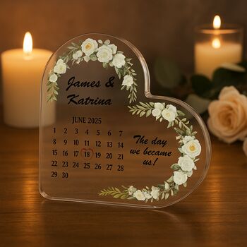 Personalised Wedding Calendar Acrylic Heart Plaque With Name, 2 of 12