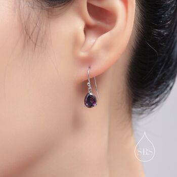 Sterling Silver Dark Amethyst Purple Pear Cut Cz Drop Earrings, 8 of 12