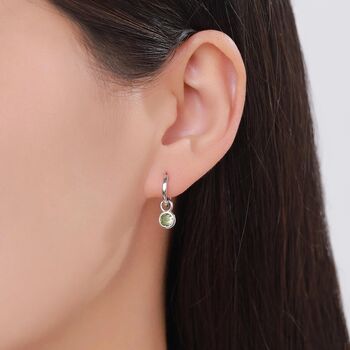 Sterling Silver August Birthstone Peridot Green Crystal Drop Hoop Earrings, 4 of 11