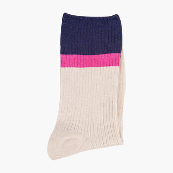 Glitter Mid Calf Ribbed Cotton Boot Socks Contrast Cuff Cream Navy, 3 of 3