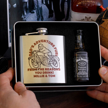 Personalised Motorbike Whiskey And Hip Flask Gift Set, 3 of 4