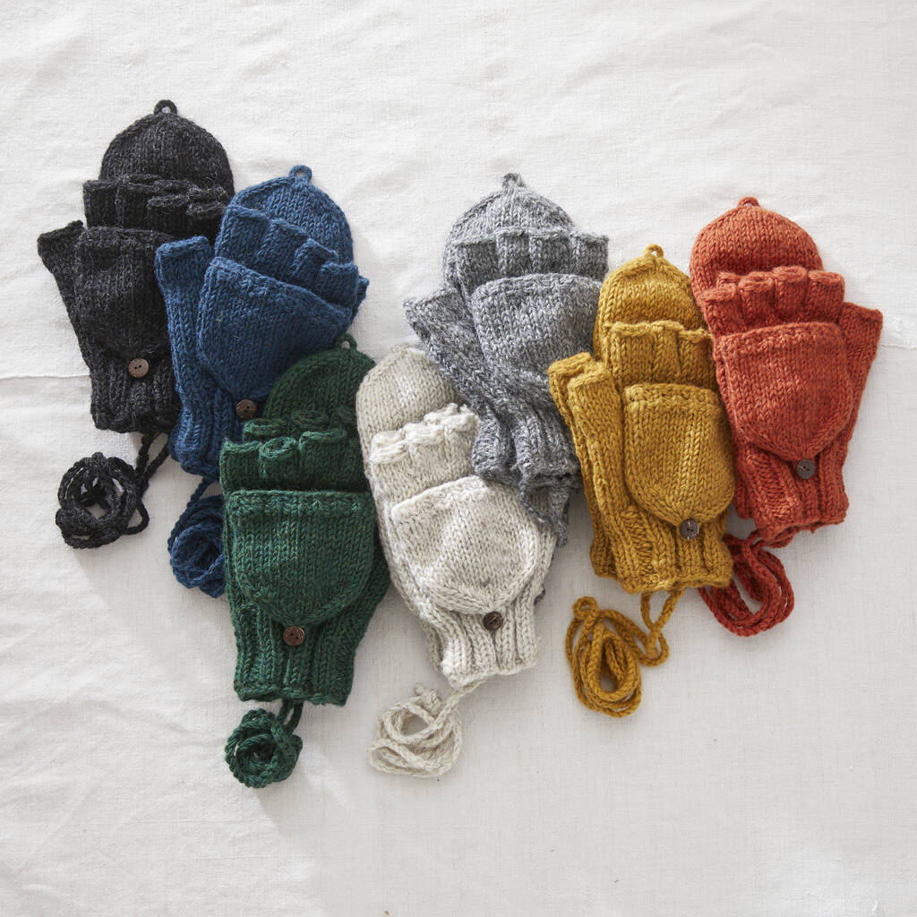 Fair Trade Knit Wool Lined Mitten Fingerless Gloves