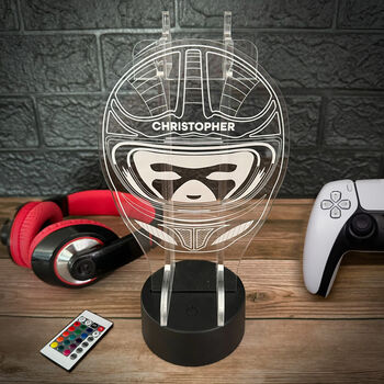 Personalised Racing Helmet Neon Light Up Gaming Headphone Stand, 4 of 5