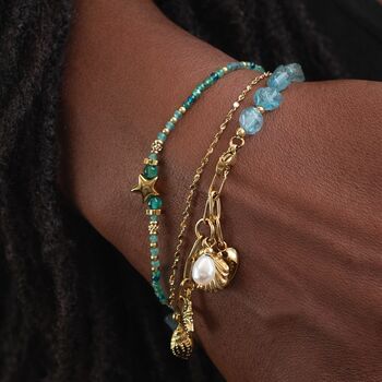 Personalised Waterproof Gold Plated Sea Charm, Pearl And Aqua Bead Bracelet, 2 of 9