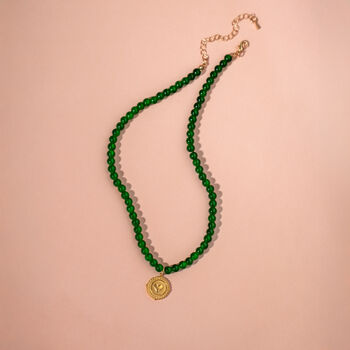 Dark Jade Green Beaded Necklace With Heart Coin, 3 of 5