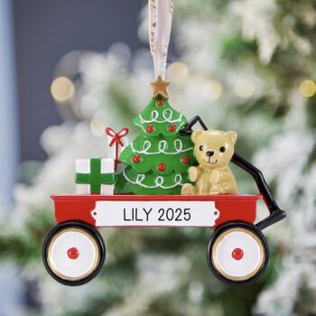 Personalised Childs First Christmas Red Wagon Decoration, 2 of 3