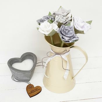 Cotton Handmade Flowers In Jug And Engraved Oak Tag, 3 of 12