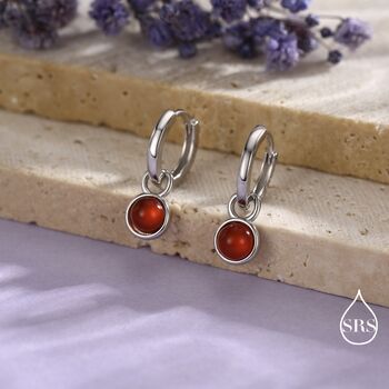 Sterling Silver Dangling Red Onyx Hoop Earrings, 4 of 12
