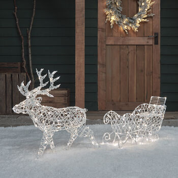 Dual LED White Rattan Battery Reindeer And Sleigh, 2 of 3