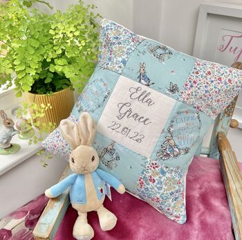 Peter Rabbit Name And Date Cushion Mint And Floral, 5 of 9