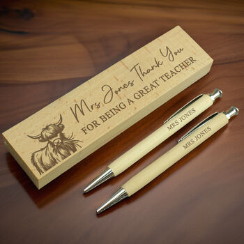 Personalised Highland Cow Wooden Pen And Pencil Set, 5 of 6