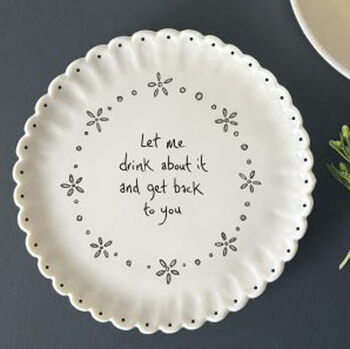 East Of India Porcelain Scallop Coaster Gift With Quote 'Let Me Drink About It', 2 of 4