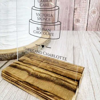 Classic Personalised Clear Acrylic Cake Sign With Wooden Base, 3 of 5