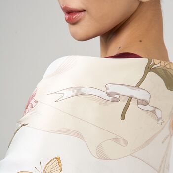 100% Mulberry Silk Scarf, Ivory Floral And Ribbon In Gift Box, 6 of 6