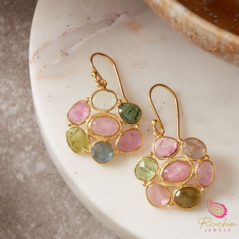 Green Peridot Cluster Circle 18k Gold Plated Hook Earrings, 4 of 8