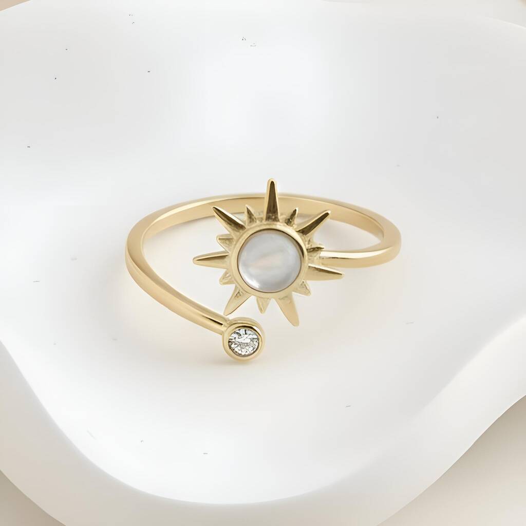Gold Plated Sterling Silver Sun Spinner Ring With Opal And Cz Adjustable, Open, 1 of 4