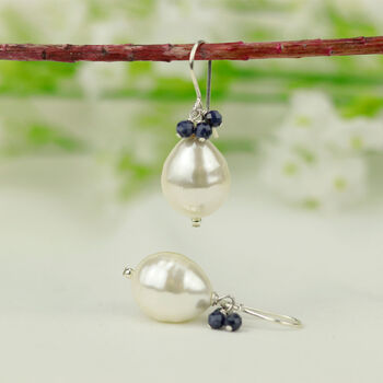 White Shell Pearl And Sapphire Drop Earrings, 2 of 4