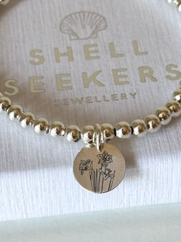 Sterling Silver Daffodil Beaded Bracelet With Engraved Tag, 7 of 8