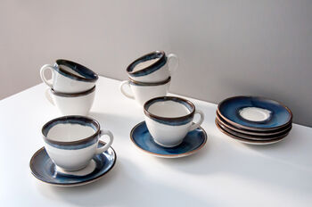 Navy Set Of Six Handmade Porcelain Tea Cup With Saucer, 9 of 11