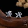 Sterling Silver Tiny Aquamarine Blue Cz Flower Internally Threaded Flat Back Earrings, thumbnail 1 of 12