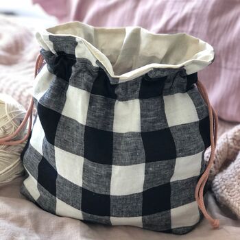 Linen Gingham Storage Bag Knitting Gift Crochet Bag, 6 of 7