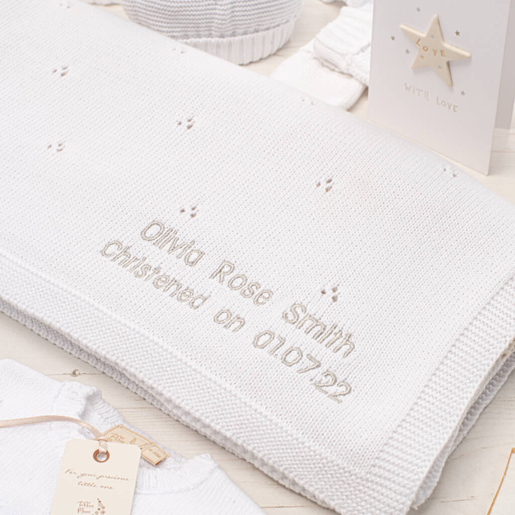 Toffee Moon White Pointelle Christening Baby Blanket, 1 of 12