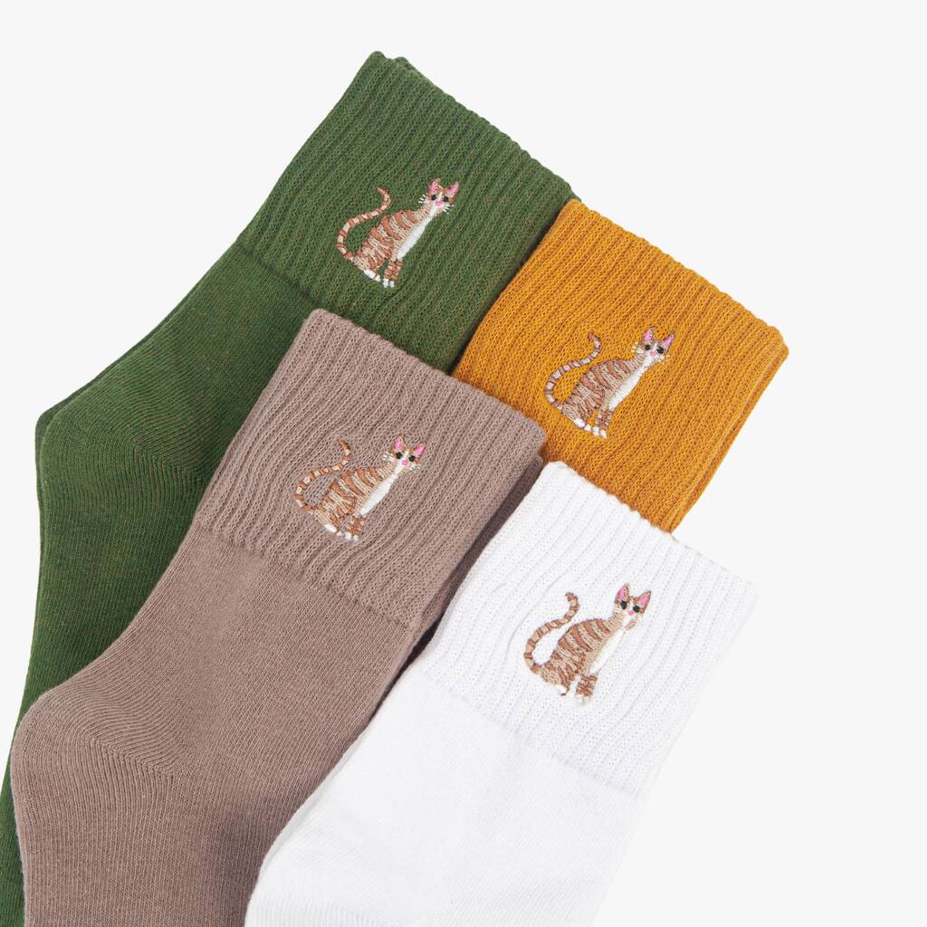 Embroidered Cats Cotton Ankle Socks Women's Three Pack, 1 of 4