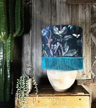 Fringed Velvet Lampshade With Gold Lining In Twilight, 3 of 6
