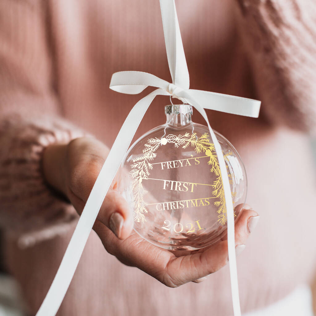 Personalised First Christmas Wreath Glass Bauble By Coral & Moss