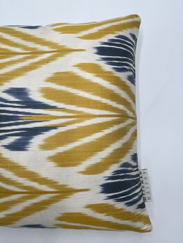 Square Ikat Silk Cushion Yellow And Blue Feather, 4 of 8