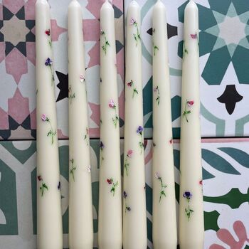Ivory Hand Painted Pair Of Sweet Pea Taper Candles, 4 of 4