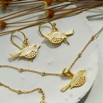 Gold Plated Sterling Silver Little Bird Dangly Earrings, 3 of 4