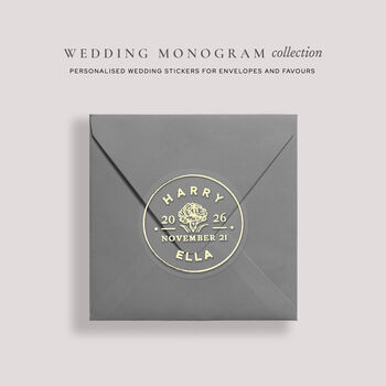 Custom Foil Stickers For Wedding Invitation Envelopes And Favours Luxury Monogram, 3 of 12