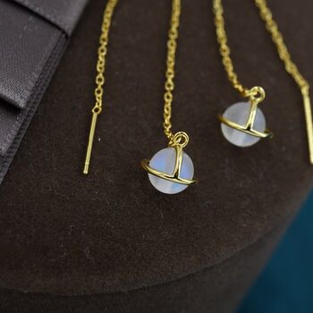 Sterling Silver Frosted Moonstone Planet Threader Earrings, 2 of 12