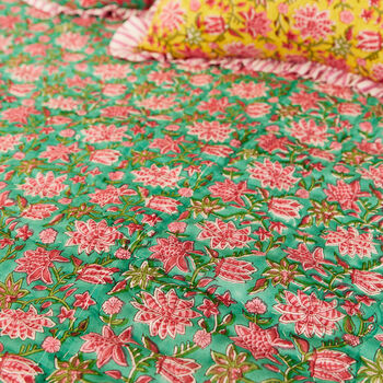 Green Sanganeri Block Print Reversible Quilt Boho, 6 of 7